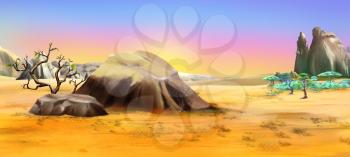 African landscape with large stones on the background of dawn in a Summertime. Digital Painting Background, Illustration in cartoon style character.
