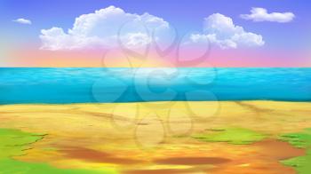 Shore of the Ocean, coast of tropical island. Digital Painting Background, Illustration in cartoon style character.