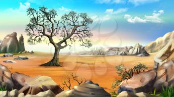 Rural Landscape with a Lonely Tree in the Hills against Blue Sky in a Summer day. Digital Painting Background, Illustration in cartoon style character.
