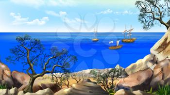 View of the bay with sailboats. Shore of the ocean, coast of desert island. Summer day, blue sky. Digital Painting Background, Illustration in cartoon style character.