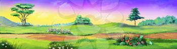 Rural landscape with path and flowers against purple sky in a Summer day. Digital Painting Background, Illustration in cartoon style character.