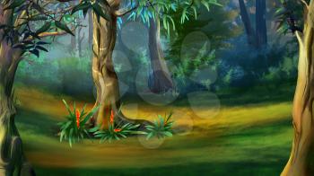 Large Tree in a Dense Forest in a Summer Day. Digital Painting Background, Illustration in cartoon style character.