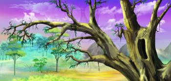 African Tree with Big Hollow against Purple Sky in a African national park. Digital Painting Background, Illustration in cartoon style character.
