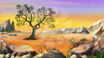 Rural Landscape with a Lone Tree in the Hills Surrounded by Mountain above the yellow sky. Digital Painting Background, Illustration in cartoon style character.