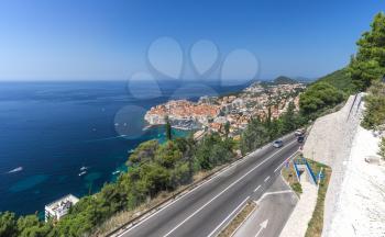 Panoramic view of the Old Town and Old Port of Dubrovnik, Croatia,  in a sunny summer day
