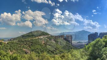 Panoramic view of the Varlaam Monastery in Meteora, Kalambaka town in Greece, on a sunny summer day