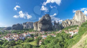 Kastraki, Greece - 07.04.2018. Panoramic view of the Kastraki village at the foot of the Meteora Mountains in Greece on a sunny summer day
