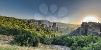 Panoramic view of the Rousanou Monastery in Meteora, Kalambaka town in Greece, on a sunny summer evening