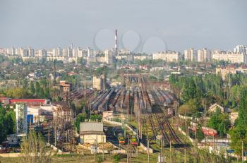 Top view of the industrial zone of Odessa, Ukraine, in the area of Peresyp and the Kotovsky district on a sunny summer day