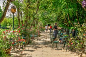 Ravadinovo, Bulgaria – 07.11.2019.  Cafe near the Lake in the park of the Ravadinovo castle, Bulgaria, on a sunny summer day