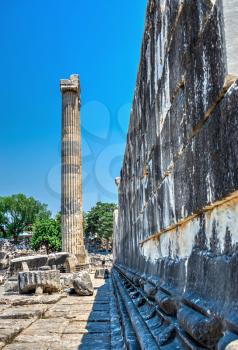 Didyma, Turkey – 2019-07-20. Broken Ionic Columns in the Temple of Apollo at Didyma, Turkey, on a sunny summer day