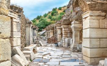 Ruins of antique Ephesus city on a sunny summer day