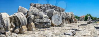 Column drums fallen by an earthquake, Temple of Apollo, Didyma, Turkey, on a sunny summer day