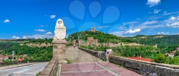 Entrance to the Tsarevets fortress with the Patriarchal Cathedral of the Holy Ascension of God in Veliko Tarnovo, Bulgaria. Big size panoramic view on a sunny summer day