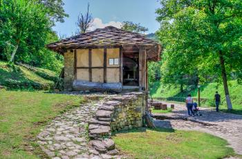 Etar Architectural Ethnographic Complex in Bulgaria on a sunny summer day. Big size panoramic photo.