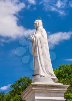 Svyatogorsk, Ukraine 07.16.2020.  Monument to the Holy Mother of God near the Svyatogorsk or Sviatohirsk lavra on a sunny summer morning