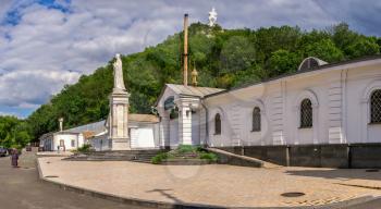 Svyatogorsk, Ukraine 07.16.2020.  Monument to the Holy Mother of God near the Svyatogorsk or Sviatohirsk lavra on a sunny summer morning