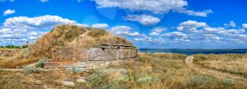 Ancient greek colony Olbia on the banks of the Southern Bug River in Ukraine on a cloudy summer day. Hi-res panoramic photo.