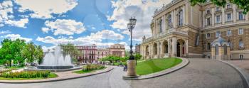 Odessa, Ukraine 05.22.2020. Theater Square, the most popular tourist place in Odessa, Ukraine, on a sunny spring day