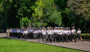 Odessa, Ukraine 09.16.2019. Young cadets sailors train to march in the park of Odessa, Ukraine