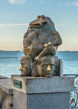 Berdyansk, Ukraine 07.23.2020. Monument to the toad on the embankment of Berdyansk, Ukraine, on an early summer morning