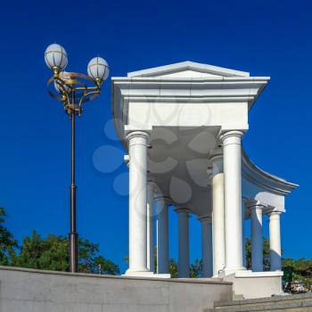 Chernomorsk, Ukraine 08.22.2020. Colonnade  in Chernomorsk city on a sunny summer morning