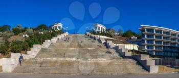 Chernomorsk, Ukraine 08.22.2020. Maritime Stairs from seaside park to the public beach in Chernomorsk city on a sunny summer morning