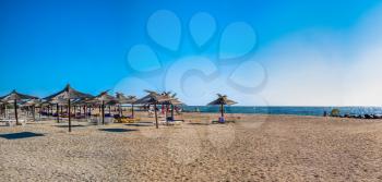 Berdyansk, Ukraine 07.24.2020. Sandy beaches on the Berdyansk Spit, Ukraine, on a sunny summer morning