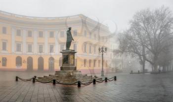 Odessa, Ukraine 11.28.2019.  Monument to Duke Richelieu in Odessa, Ukraine, on a foggy autumn day