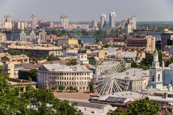 Kyiv, Ukraine 07.11.2020. Top view of Kiev from the side of the Andriyivskyy Descent, Ukraine, on a sunny summer morning