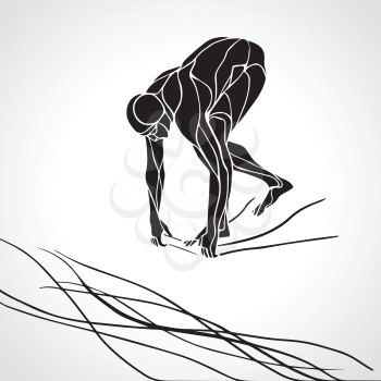 The professional swimmer starts to dive on the competition. Vector black and white silhouette illustration on white background