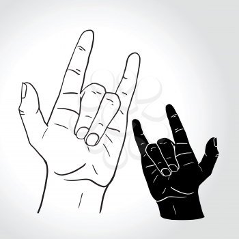 Rock on hand sign, rock n roll, hard rock, heavy metal, music, detailed black and white vector illustration. 
