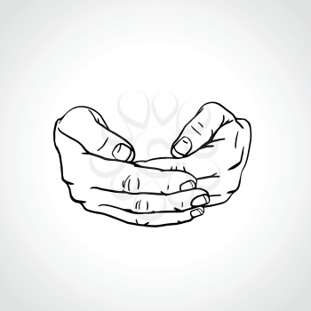 Cupped palms, save gesture. Line art drawing close up hands. Outline vector illustration