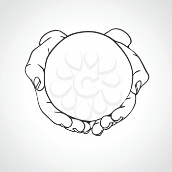 Closeup of cupped hands holding empty round object. Hand drawn vector illustration