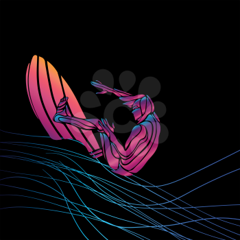 Creative silhouette of neon surfer on black background. Vector illustration