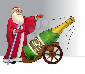 Russian Santa Claus Ded Moroz and champagne bottle ready to shoot. Bottle of champagne on a support stylized under cannon gun. Vector cartoon illustration, color Christmas or New Year Card
