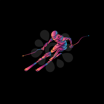 Ski downhill. Creative silhouette of the skier. Giant Slalom Ski Racer. Color illustration on black background
