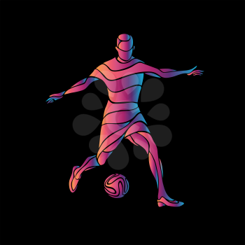 Football or Soccer player kicks the ball. The colorful vector illustration on black background.