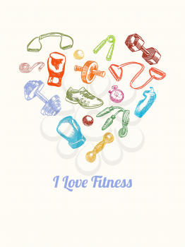 Fitness and gym Background. Hand drawn colorful icons set in the shape of heart. Fitness Equipment shaped a heart 