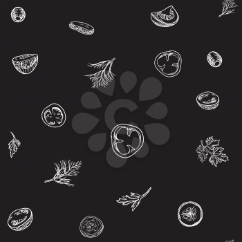 Veggie seamless vector pattern with vegetables. Seamless background with hand drawn salad ingredients on blackboard