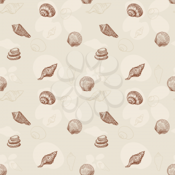 Beach Seashell Seamless Pattern, holiday background hand-drawn in vintage style