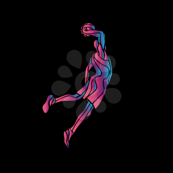 Basketball player Slam Dunk Neon Glow Silhouette. Creative vector illustration on black background