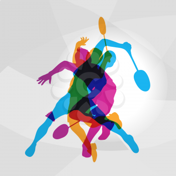 Modern Badminton Players In Action Logo. Color silhouettes of badminton players, sports poster background. Vector eps 10