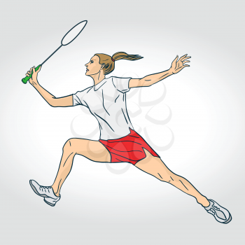 Professional female badminton player. Colorful hand drawn character. Vector illustration