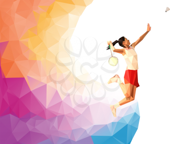 Unusual colorful triangle background: Geometric polygonal professional badminton player,  during smash