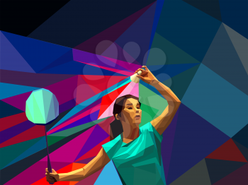 Badminton sports unusual colorful triangle background. Geometric polygonal professional female badminton player on colorful back