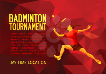Unusual colorful triangle shape: Geometric polygonal professional female badminton player, pattern design, vector illustration with empty space for poster, banner, web. Shades of red background.
