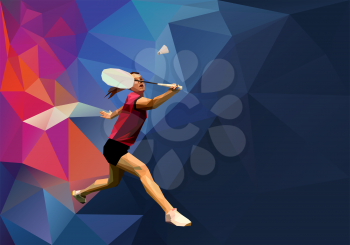 Unusual colorful triangle background. Geometric polygonal professional female badminton player on blue back