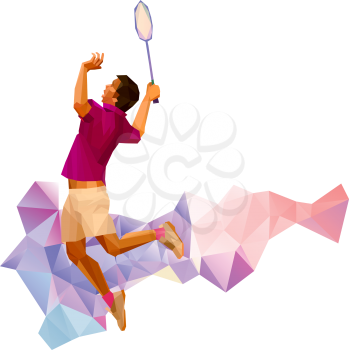Unusual colorful triangle shape: Geometric polygonal professional badminton player, during smash isolated on white background