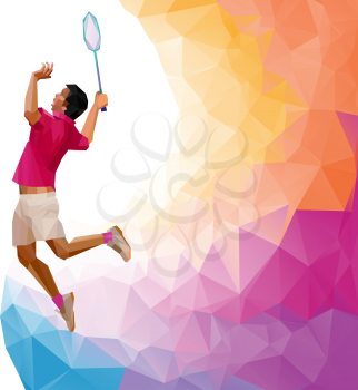 Unusual colorful triangle shape. Geometric polygonal professional badminton player, during smash isolated on white background